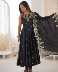 Anarkali Gown Set in Roman Silk with Embroidery Work | Bottom & Dupatta | Fully Stitched Ethnic Wear for Women