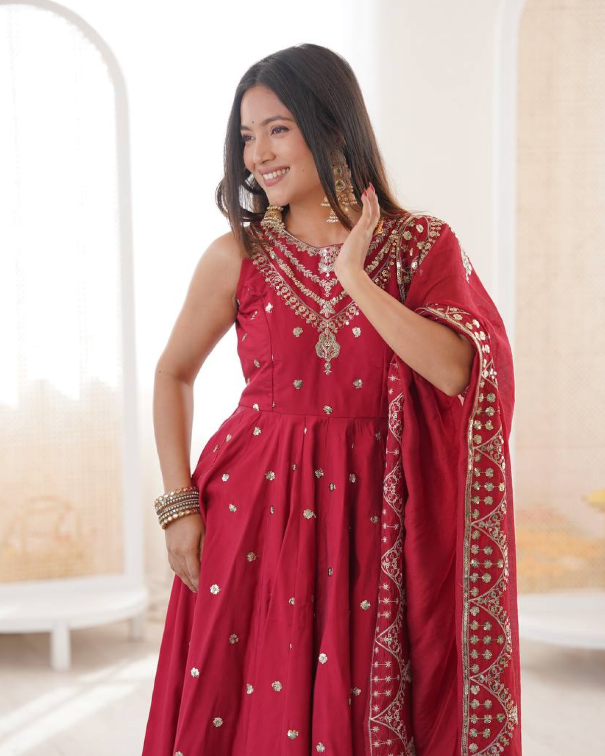Anarkali Gown Set in Roman Silk with Embroidery Work | Bottom & Dupatta | Fully Stitched Ethnic Wear for Women