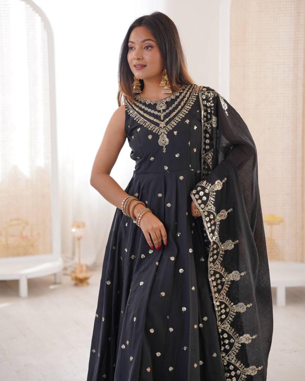 Anarkali Gown Set in Roman Silk with Embroidery Work | Bottom & Dupatta | Fully Stitched Ethnic Wear for Women