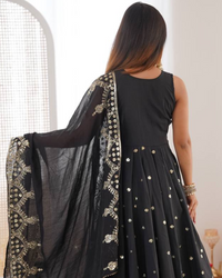 Anarkali Gown Set in Roman Silk with Embroidery Work | Bottom & Dupatta | Fully Stitched Ethnic Wear for Women