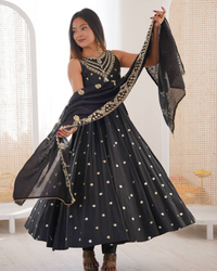 Anarkali Gown Set in Roman Silk with Embroidery Work | Bottom & Dupatta | Fully Stitched Ethnic Wear for Women