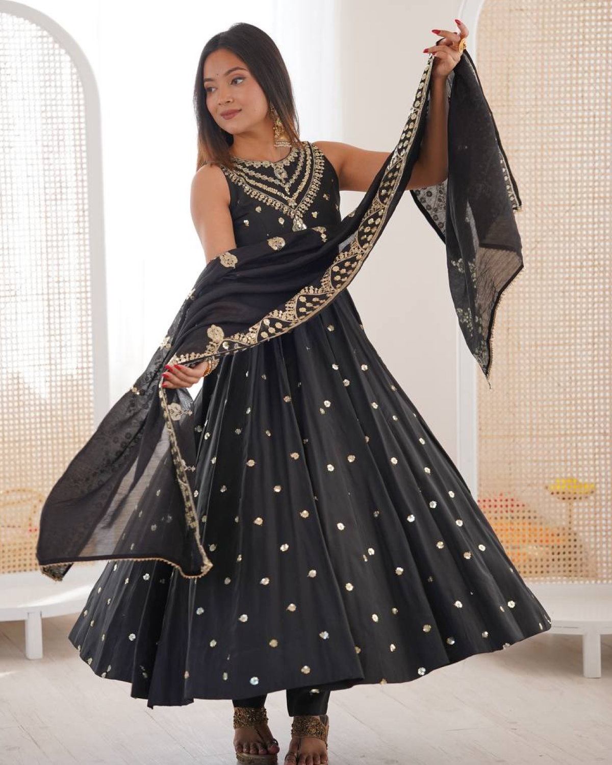 Anarkali Gown Set in Roman Silk with Embroidery Work | Bottom & Dupatta | Fully Stitched Ethnic Wear for Women