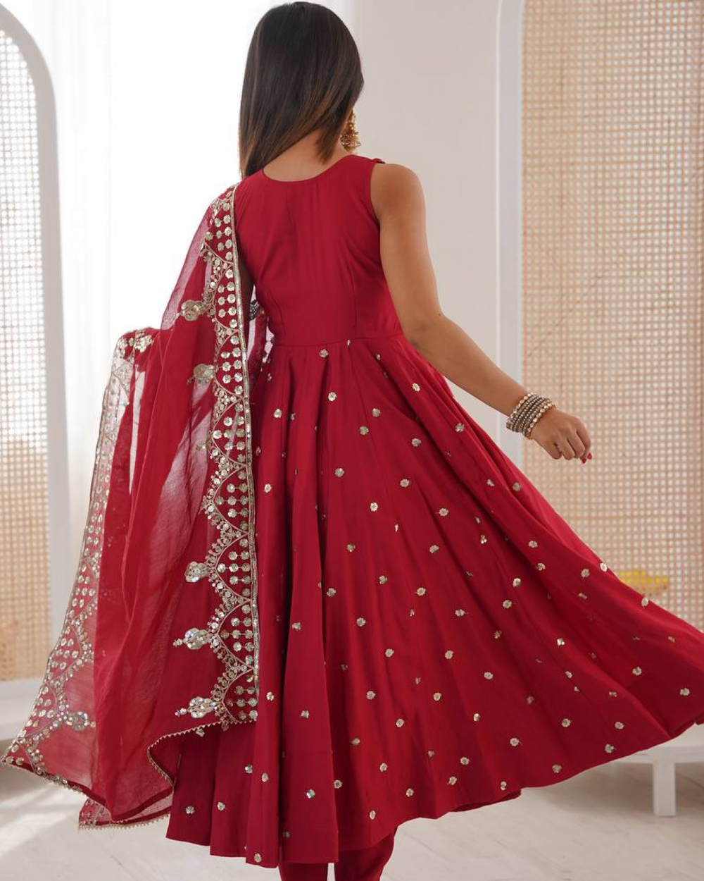 Anarkali Gown Set in Roman Silk with Embroidery Work | Bottom & Dupatta | Fully Stitched Ethnic Wear for Women