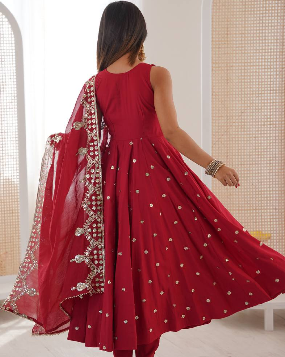 Anarkali Gown Set in Roman Silk with Embroidery Work | Bottom & Dupatta | Fully Stitched Ethnic Wear for Women