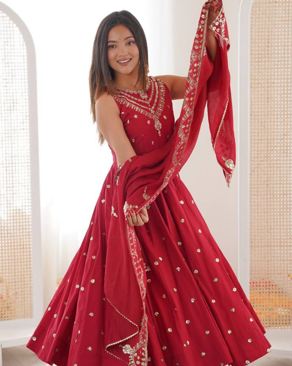 Anarkali Gown Set in Roman Silk with Embroidery Work | Bottom & Dupatta | Fully Stitched Ethnic Wear for Women