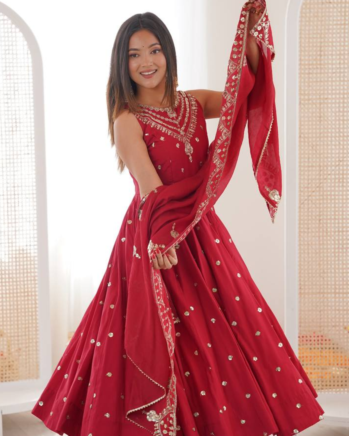 Anarkali Gown Set in Roman Silk with Embroidery Work | Bottom & Dupatta | Fully Stitched Ethnic Wear for Women