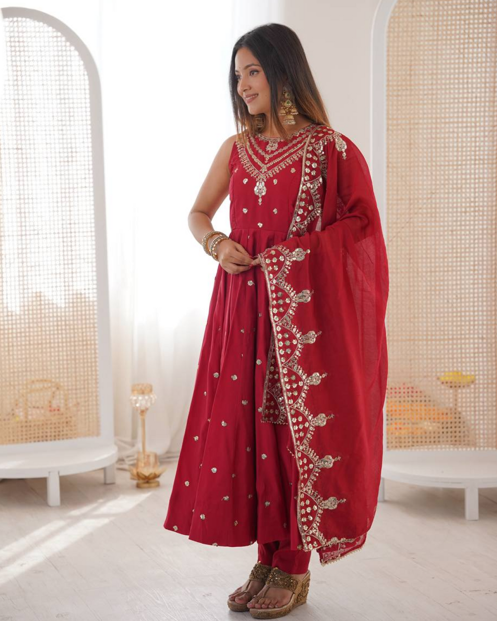 Anarkali Gown Set in Roman Silk with Embroidery Work | Bottom & Dupatta | Fully Stitched Ethnic Wear for Women