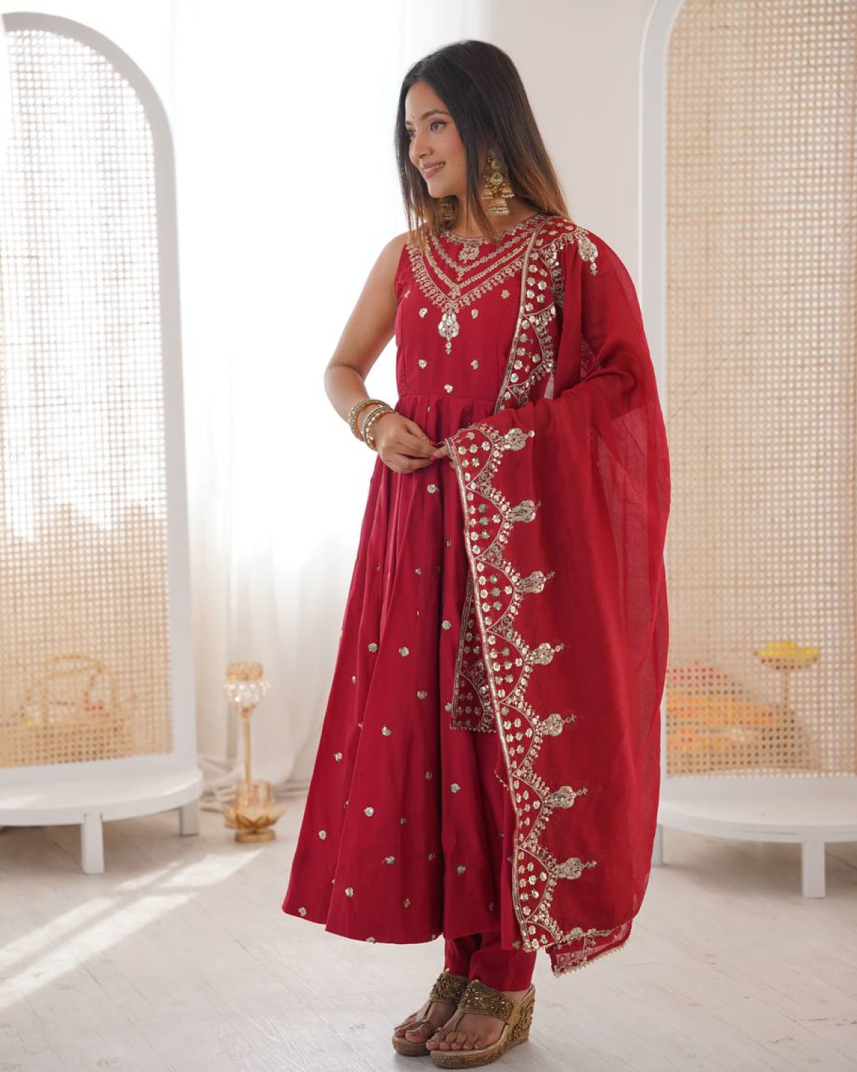 Anarkali Gown Set in Roman Silk with Embroidery Work | Bottom & Dupatta | Fully Stitched Ethnic Wear for Women