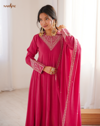 Anarkali Gown Set in Pure Roman Shimmer Silk with Dori, Zari & Sequence Work | Full Flair Kali Pattern with Pant & Dupatta | Ready to Wear Ethnic Set for Women