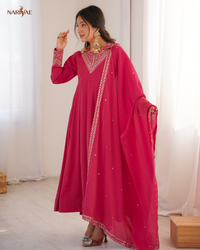 Anarkali Gown Set in Pure Roman Shimmer Silk with Dori, Zari & Sequence Work | Full Flair Kali Pattern with Pant & Dupatta | Ready to Wear Ethnic Set for Women