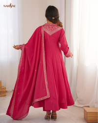 Anarkali Gown Set in Pure Roman Shimmer Silk with Dori, Zari & Sequence Work | Full Flair Kali Pattern with Pant & Dupatta | Ready to Wear Ethnic Set for Women