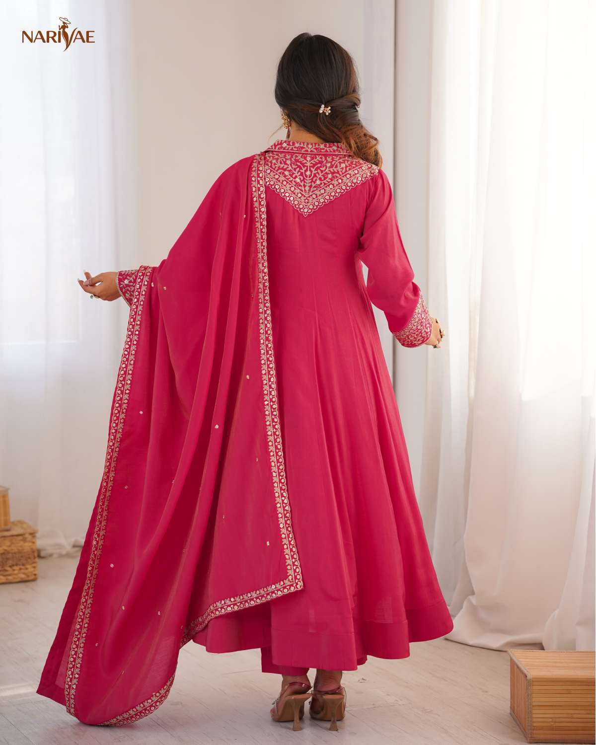 Anarkali Gown Set in Pure Roman Shimmer Silk with Dori, Zari & Sequence Work | Full Flair Kali Pattern with Pant & Dupatta | Ready to Wear Ethnic Set for Women