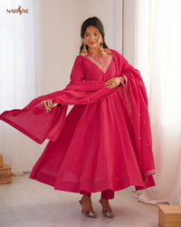 Anarkali Gown Set in Pure Roman Shimmer Silk with Dori, Zari & Sequence Work | Full Flair Kali Pattern with Pant & Dupatta | Ready to Wear Ethnic Set for Women
