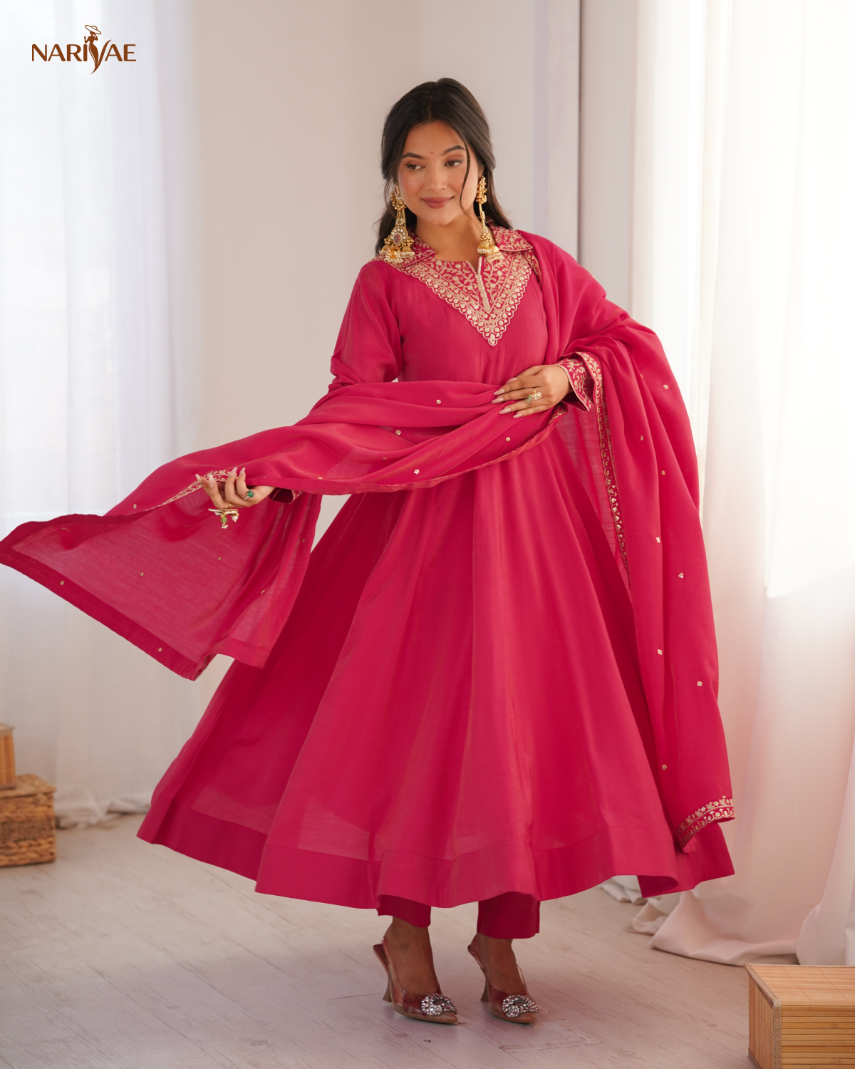 Anarkali Gown Set in Pure Roman Shimmer Silk with Dori, Zari & Sequence Work | Full Flair Kali Pattern with Pant & Dupatta | Ready to Wear Ethnic Set for Women
