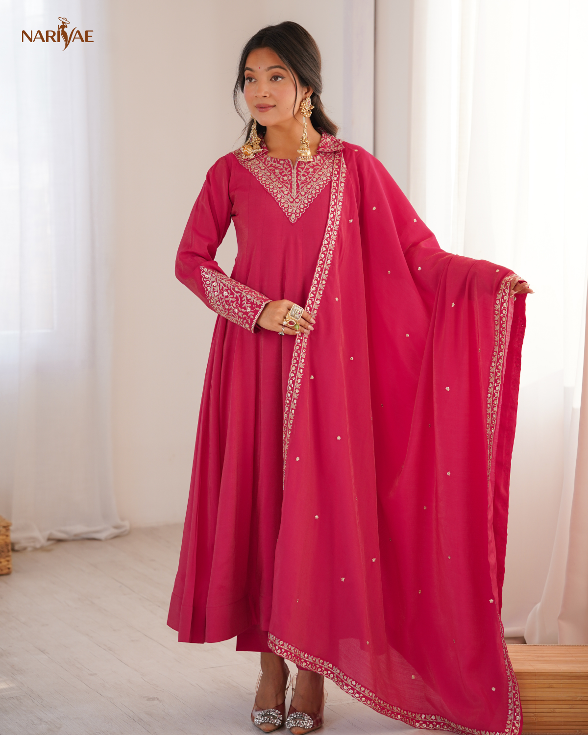 Anarkali Gown Set in Pure Roman Shimmer Silk with Dori, Zari & Sequence Work | Full Flair Kali Pattern with Pant & Dupatta | Ready to Wear Ethnic Set for Women