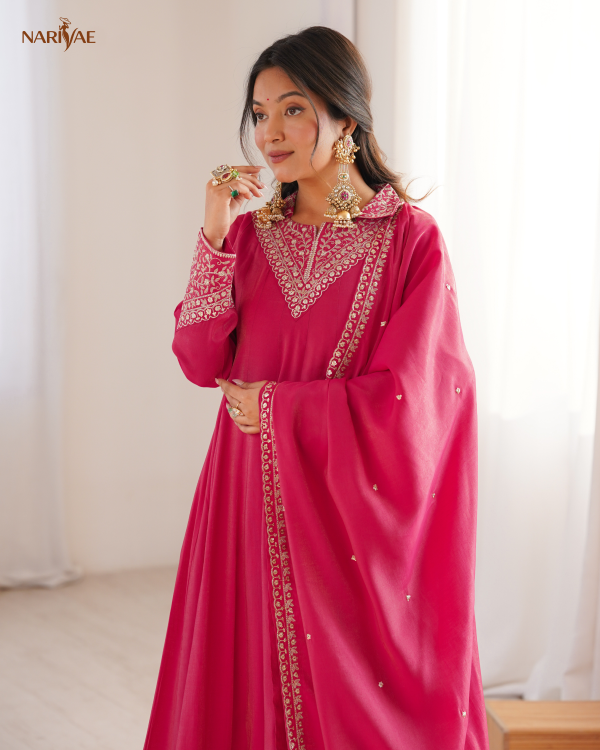 Anarkali Gown Set in Pure Roman Shimmer Silk with Dori, Zari & Sequence Work | Full Flair Kali Pattern with Pant & Dupatta | Ready to Wear Ethnic Set for Women