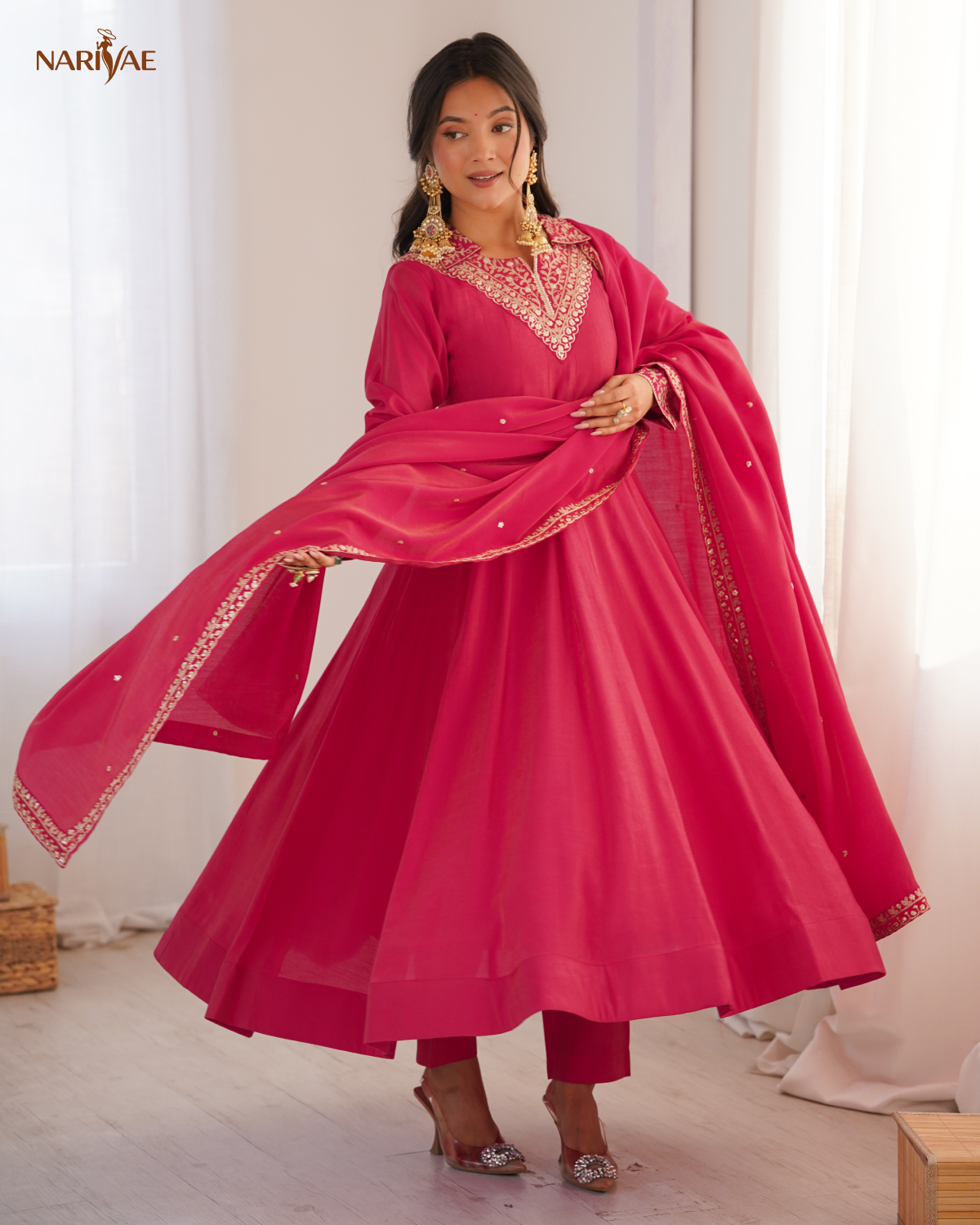 Anarkali Gown Set in Pure Roman Shimmer Silk with Dori, Zari & Sequence Work | Full Flair Kali Pattern with Pant & Dupatta | Ready to Wear Ethnic Set for Women