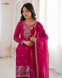 Sharara Set in Pure Soft Crunchy Silk with Sequence, Thread & Zari Work | Flowy Sharara & Dupatta | Fully Stitched Ready to Wear Ethnic Set for Women
