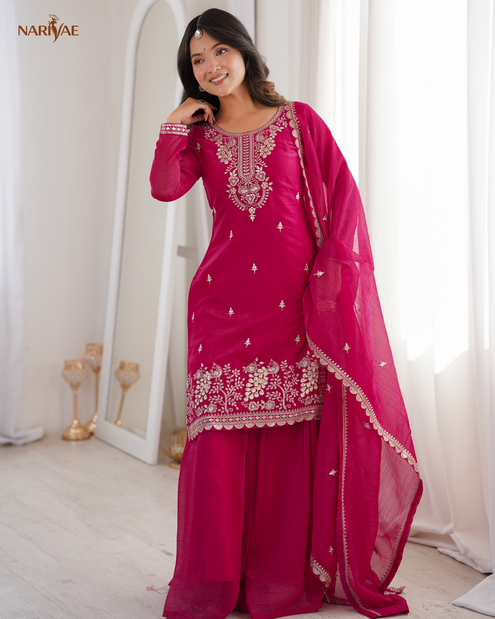 Sharara Set in Pure Soft Crunchy Silk with Sequence, Thread & Zari Work | Flowy Sharara & Dupatta | Fully Stitched Ready to Wear Ethnic Set for Women