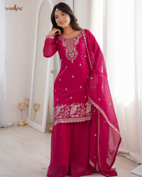 Sharara Set in Pure Soft Crunchy Silk with Sequence, Thread & Zari Work | Flowy Sharara & Dupatta | Fully Stitched Ready to Wear Ethnic Set for Women