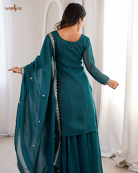 Sharara Set in Pure Soft Crunchy Silk with Sequence, Thread & Zari Work | Flowy Sharara & Dupatta | Fully Stitched Ready to Wear Ethnic Set for Women