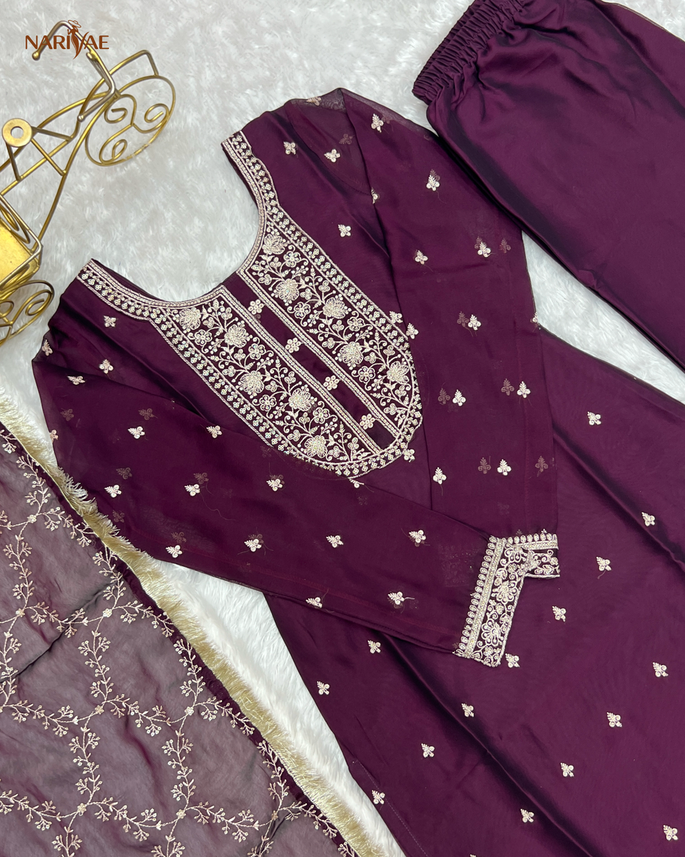 Straight Fit Kurta Set in Pure Blooming Rangoli Silk with Sequence & Thread Work | Trousers & Dupatta | Fully Stitched Ready to Wear Ethnic Set for Women