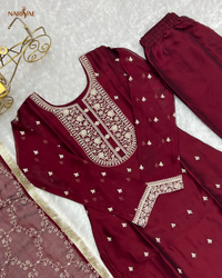 Straight Fit Kurta Set in Pure Blooming Rangoli Silk with Sequence & Thread Work | Trousers & Dupatta | Fully Stitched Ready to Wear Ethnic Set for Women