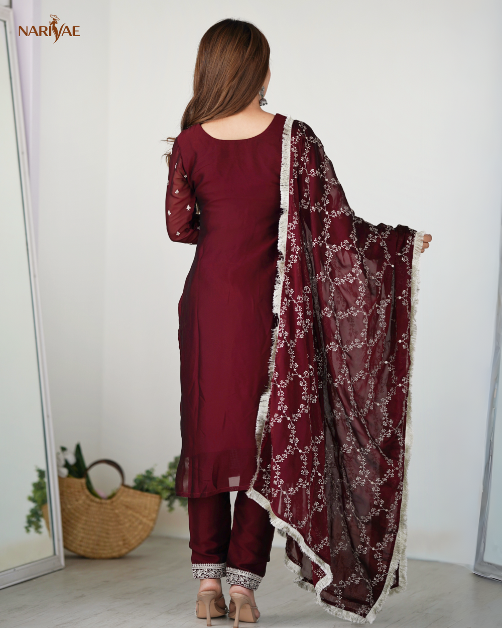 Straight Fit Kurta Set in Pure Blooming Rangoli Silk with Sequence & Thread Work | Trousers & Dupatta | Fully Stitched Ready to Wear Ethnic Set for Women