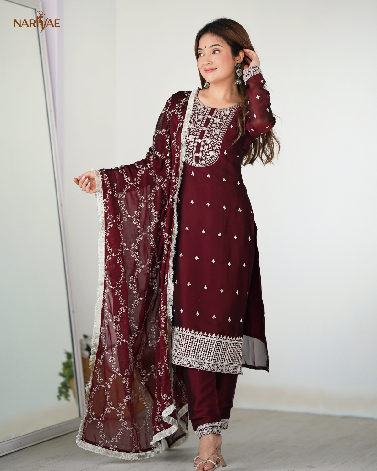 Straight Fit Kurta Set in Pure Blooming Rangoli Silk with Sequence & Thread Work | Trousers & Dupatta | Fully Stitched Ready to Wear Ethnic Set for Women