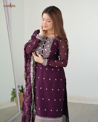 Straight Fit Kurta Set in Pure Blooming Rangoli Silk with Sequence & Thread Work | Trousers & Dupatta | Fully Stitched Ready to Wear Ethnic Set for Women