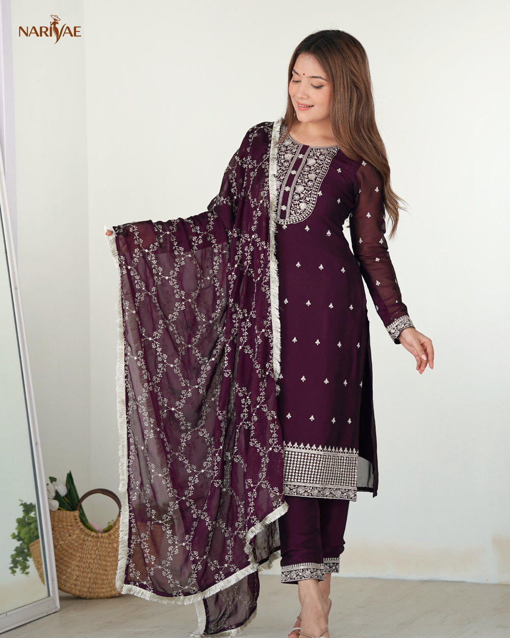 Straight Fit Kurta Set in Pure Blooming Rangoli Silk with Sequence & Thread Work | Trousers & Dupatta | Fully Stitched Ready to Wear Ethnic Set for Women