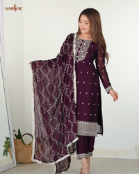 Straight Fit Kurta Set in Pure Blooming Rangoli Silk with Sequence & Thread Work | Trousers & Dupatta | Fully Stitched Ready to Wear Ethnic Set for Women