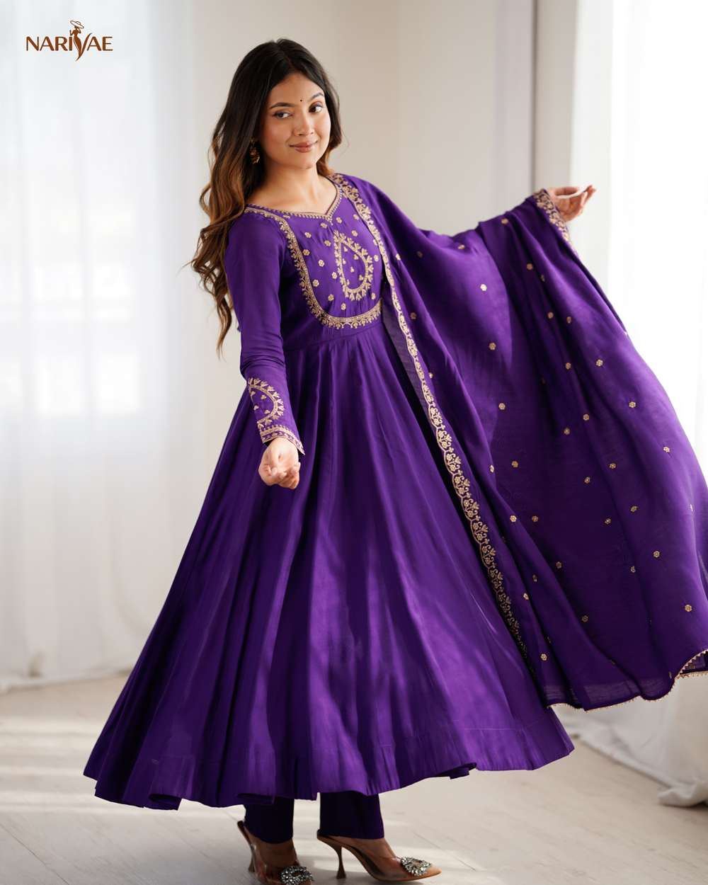 Anarkali Gown Set in Pure Roman Chanderi Silk | 16 Kali Full Flair with Pant & Dupatta | Fully Stitched Ready to Wear Ethnic Set for Women