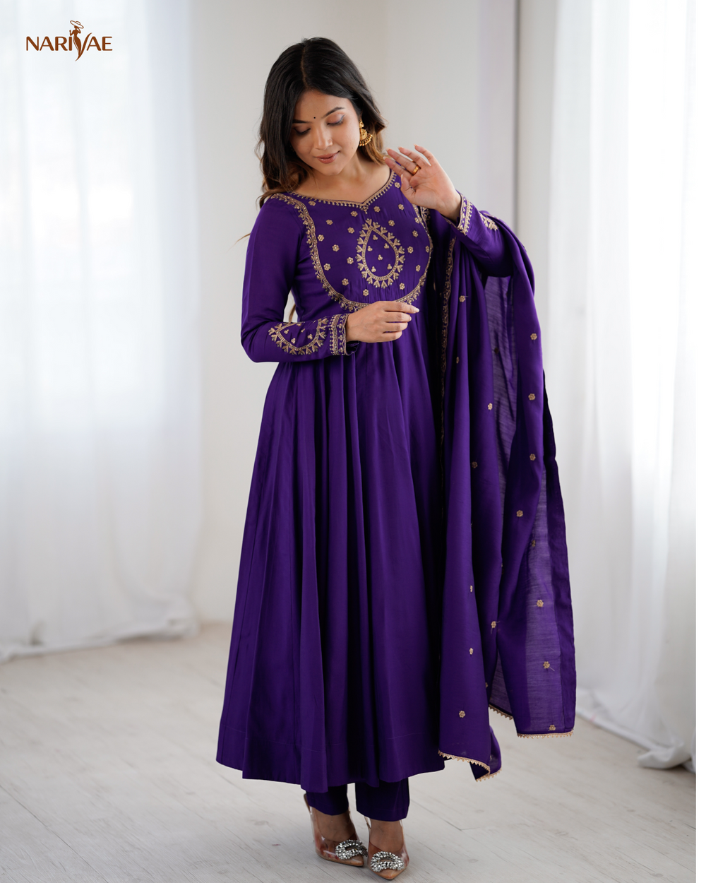 Anarkali Gown Set in Pure Roman Chanderi Silk | 16 Kali Full Flair with Pant & Dupatta | Fully Stitched Ready to Wear Ethnic Set for Women