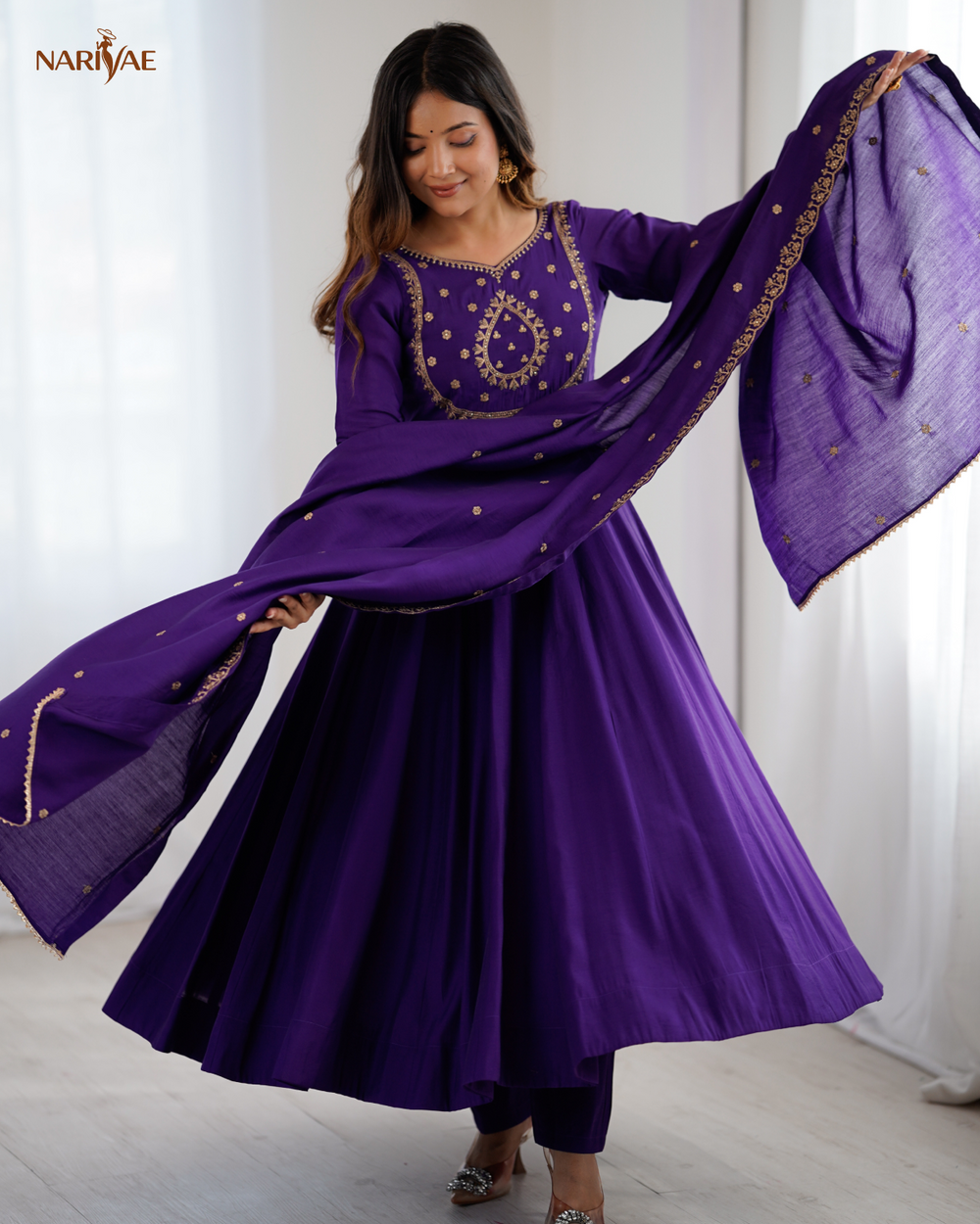 Anarkali Gown Set in Pure Roman Chanderi Silk | 16 Kali Full Flair with Pant & Dupatta | Fully Stitched Ready to Wear Ethnic Set for Women