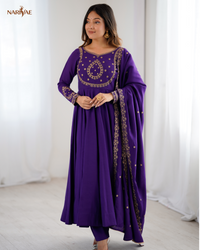 Anarkali Gown Set in Pure Roman Chanderi Silk | 16 Kali Full Flair with Pant & Dupatta | Fully Stitched Ready to Wear Ethnic Set for Women