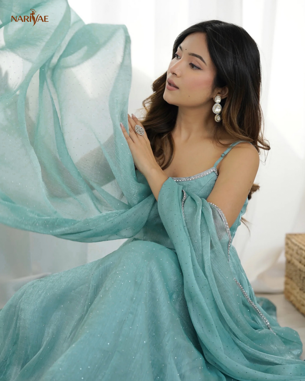 Anarkali Gown Set in Crunchy Silk with Sirovski Work | Full Flair Kali Pattern with Pant & Dupatta | Fully Stitched Ready to Wear Ethnic Set for Women