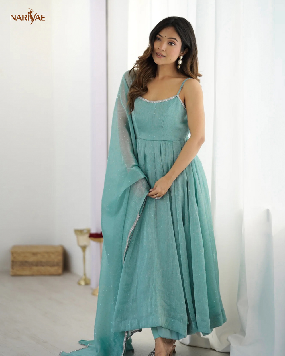 Anarkali Gown Set in Crunchy Silk with Sirovski Work | Full Flair Kali Pattern with Pant & Dupatta | Fully Stitched Ready to Wear Ethnic Set for Women
