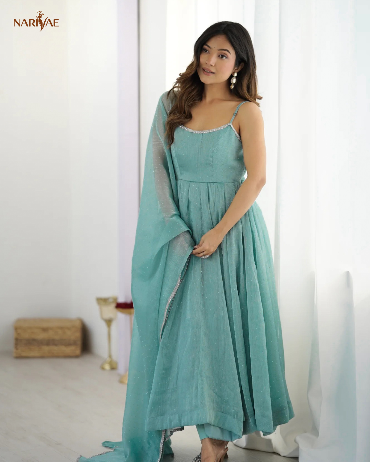 Anarkali Gown Set in Crunchy Silk with Sirovski Work | Full Flair Kali Pattern with Pant & Dupatta | Fully Stitched Ready to Wear Ethnic Set for Women