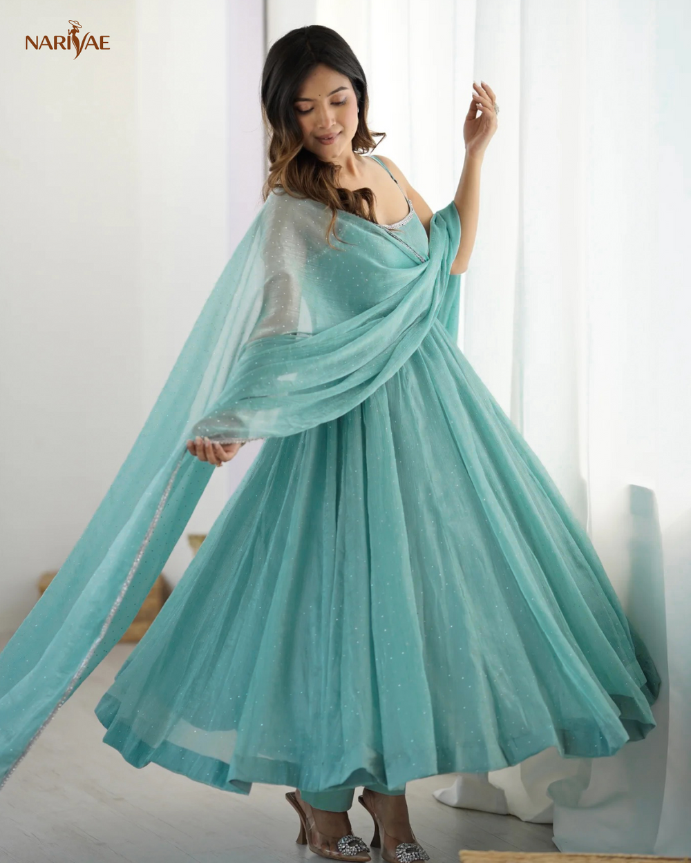 Anarkali Gown Set in Crunchy Silk with Sirovski Work | Full Flair Kali Pattern with Pant & Dupatta | Fully Stitched Ready to Wear Ethnic Set for Women