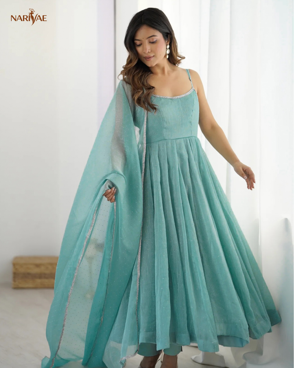 Anarkali Gown Set in Crunchy Silk with Sirovski Work | Full Flair Kali Pattern with Pant & Dupatta | Fully Stitched Ready to Wear Ethnic Set for Women