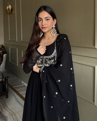 Pure Fox Georgette Anarkali Gown Set with Koti, Dupatta & Pant | Designer Flared Ethnic Wear for Women | Ready to Wear