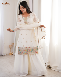 Sharara Set in Pure Soft Crunchy Silk with Sequence, Dori, Thread & Zari Work | Flowy Sharara & Dupatta | Fully Stitched Ready to Wear Ethnic Set for Women