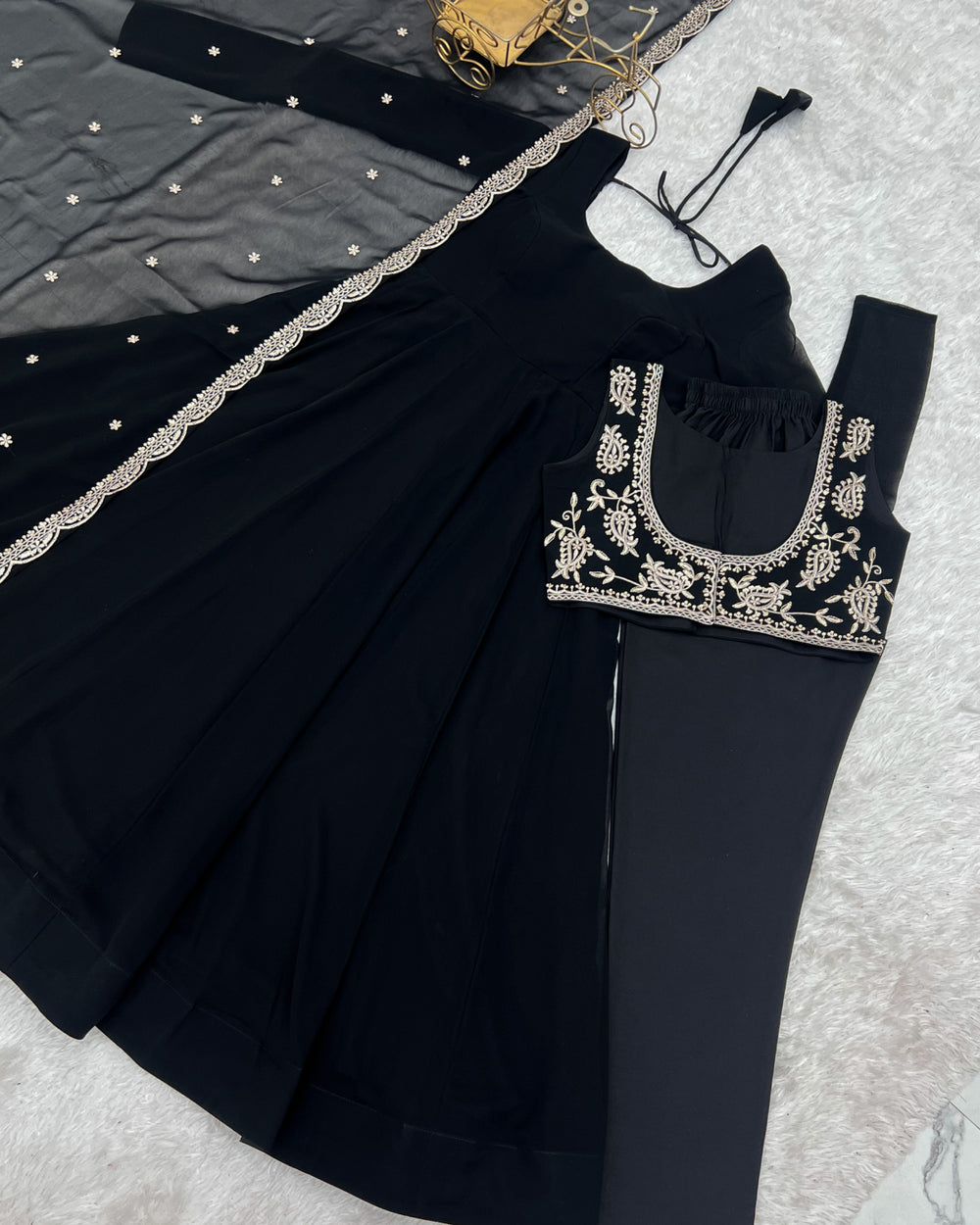 Pure Fox Georgette Anarkali Gown Set with Koti, Dupatta & Pant | Designer Flared Ethnic Wear for Women | Ready to Wear