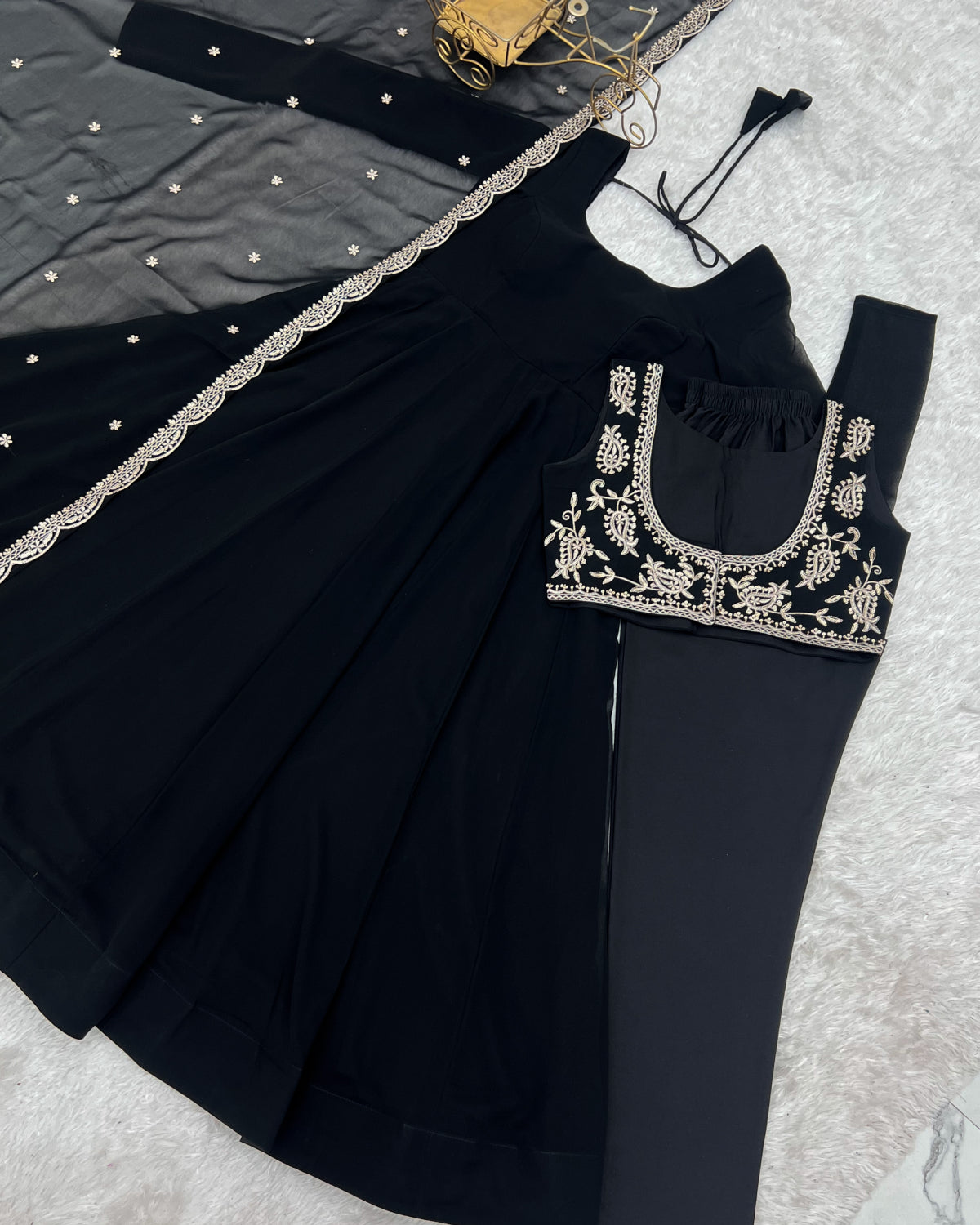 Pure Fox Georgette Anarkali Gown Set with Koti, Dupatta & Pant | Designer Flared Ethnic Wear for Women | Ready to Wear