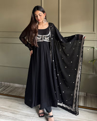 Pure Fox Georgette Anarkali Gown Set with Koti, Dupatta & Pant | Designer Flared Ethnic Wear for Women | Ready to Wear