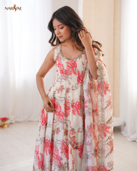 Muslin Anarkali Suit Set for Women with Organza Dupatta & Pant | Floral Print Kali Cut Flare | Ready to Wear