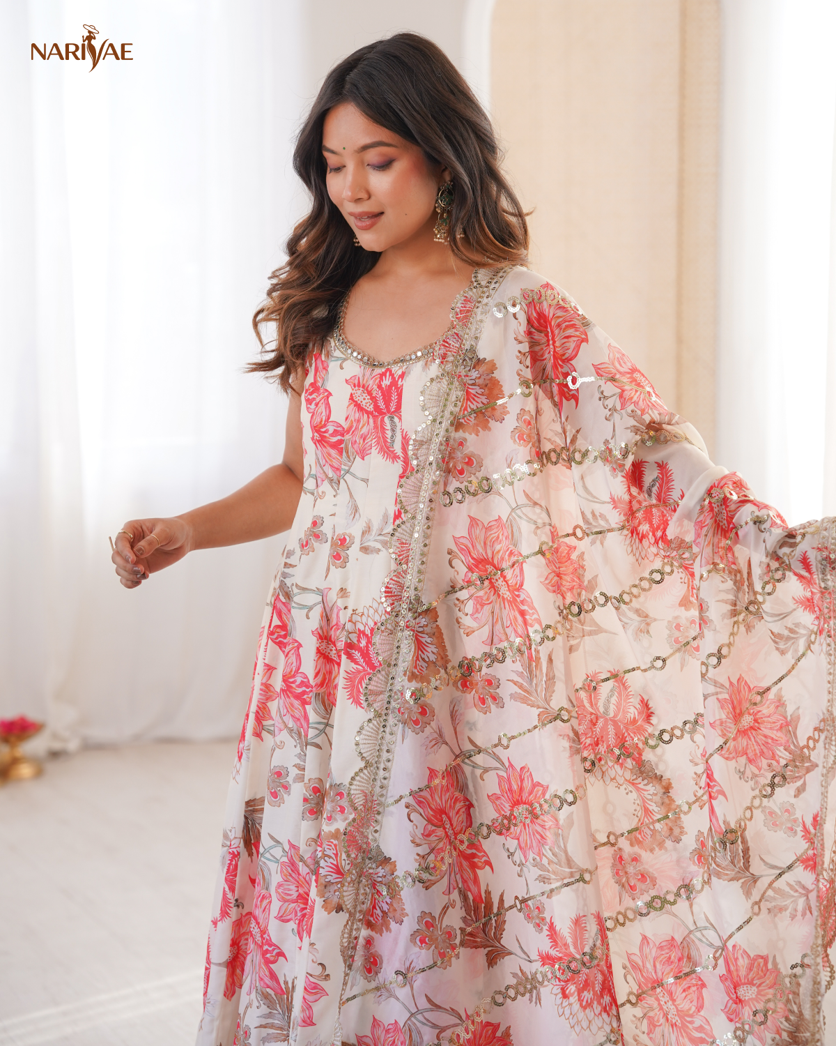 Muslin Anarkali Suit Set for Women with Organza Dupatta & Pant | Floral Print Kali Cut Flare | Ready to Wear
