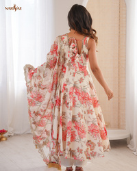 Muslin Anarkali Suit Set for Women with Organza Dupatta & Pant | Floral Print Kali Cut Flare | Ready to Wear