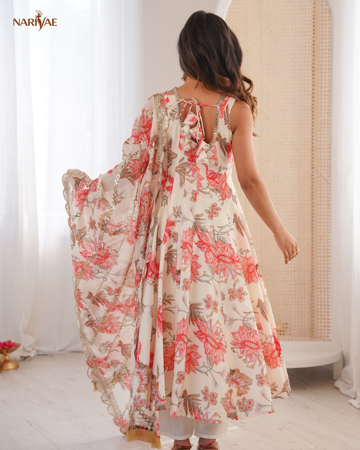 Muslin Anarkali Suit Set for Women with Organza Dupatta & Pant | Floral Print Kali Cut Flare | Ready to Wear